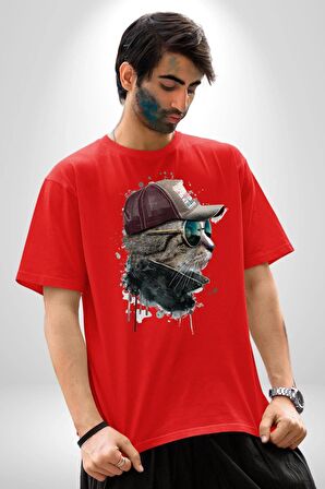 Pilot Çeketli Deri Şapkalı Cool Kedi Pamuklu Bisiklet Yaka Kadın Erkek Oversize Boyfriend Dijital Baskılı Kırmızı T-Shirt