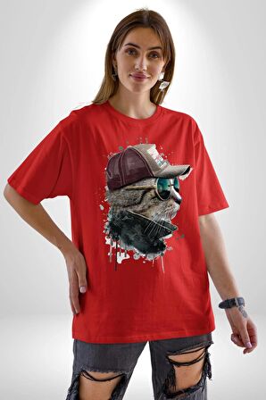 Pilot Çeketli Deri Şapkalı Cool Kedi Pamuklu Bisiklet Yaka Kadın Erkek Oversize Boyfriend Dijital Baskılı Kırmızı T-Shirt