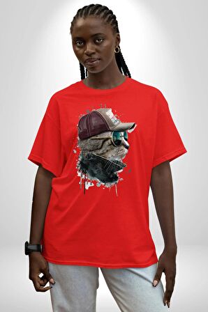 Pilot Çeketli Deri Şapkalı Cool Kedi Pamuklu Bisiklet Yaka Kadın Erkek Oversize Boyfriend Dijital Baskılı Kırmızı T-Shirt