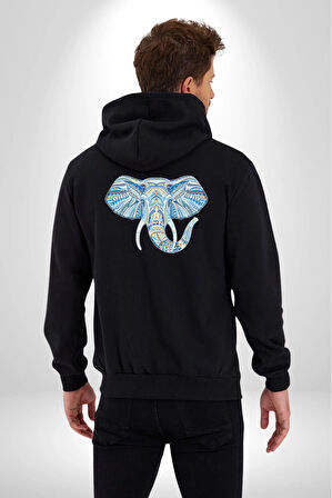 Mandala  Renkli Fil Kadın Erkek Siyah Renk Kapüşonlu Kanguru Cepli  Fermuarlı Pamuklu Oversize Dijital Baskılı Hırka Sweatshirt