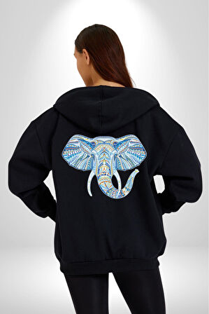 Mandala  Renkli Fil Kadın Erkek Siyah Renk Kapüşonlu Kanguru Cepli  Fermuarlı Pamuklu Oversize Dijital Baskılı Hırka Sweatshirt