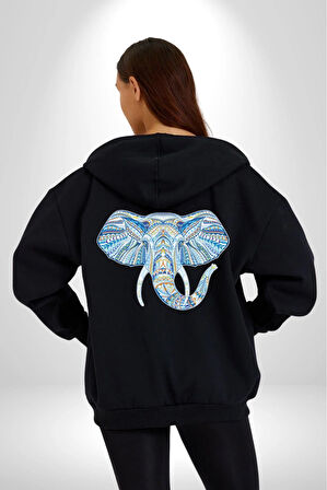 Mandala  Renkli Fil Kadın Erkek Siyah Renk Kapüşonlu Kanguru Cepli  Fermuarlı Pamuklu Oversize Dijital Baskılı Hırka Sweatshirt