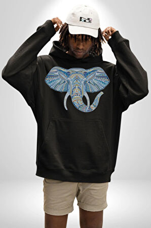 Mandala  Renkli Fil Kadın Erkek  Siyah Kapüşonlu Sweatshirt Hoodie