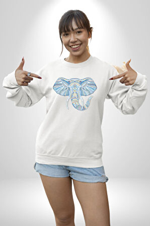 Mandala  Renkli Fil Kadın Erkek  Beyaz Baskılı Sweatshirt 