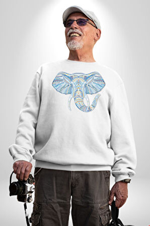 Mandala  Renkli Fil Kadın Erkek  Beyaz Baskılı Sweatshirt 