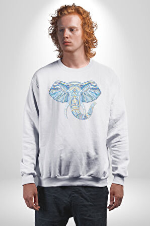 Mandala  Renkli Fil Kadın Erkek  Beyaz Baskılı Sweatshirt 