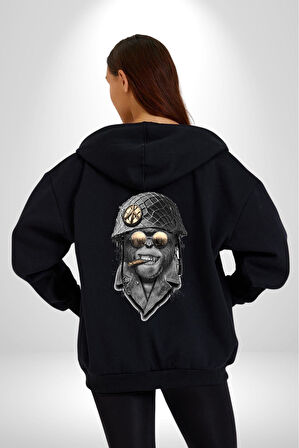 Asker Goril Komutan Kadın Erkek Siyah Renk Kapüşonlu Kanguru Cepli  Fermuarlı Pamuklu Oversize Dijital Baskılı Hırka Sweatshirt