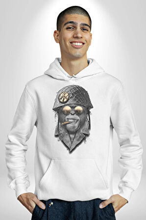 Asker Goril Komutan Kadın Erkek  Beyaz Kapüşonlu Sweatshirt Hoodie
