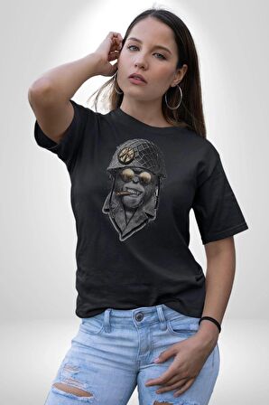 Asker Goril Komutan Kadın Erkek Unisex Siyah Organik Baskılı T-Shirt Penye Yüksek Kalite