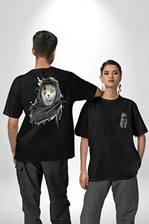 Safari Kedi Şal Eşarp Siyah Oversize Kadın Erkek Ön ve Sırt Baskılı Tişört