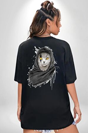 Safari Kedi Şal Eşarp Siyah Oversize Kadın Erkek Ön ve Sırt Baskılı Tişört