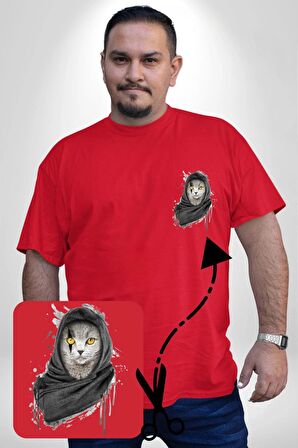 Safari Kedi Şal Eşarp Kırmızı Büyük Beden Kadın Basic Minimal Baskılı Tişört