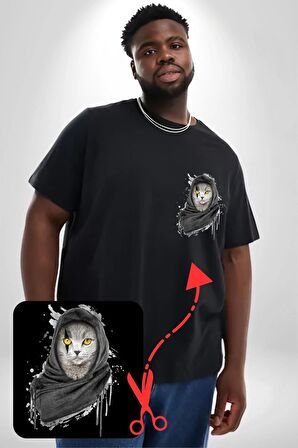 Safari Kedi Şal Eşarp Siyah Büyük Beden Kadın Basic Minimal Baskılı Tişört