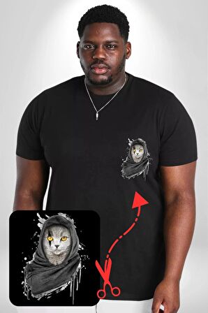 Safari Kedi Şal Eşarp Siyah Büyük Beden Kadın Basic Minimal Baskılı Tişört