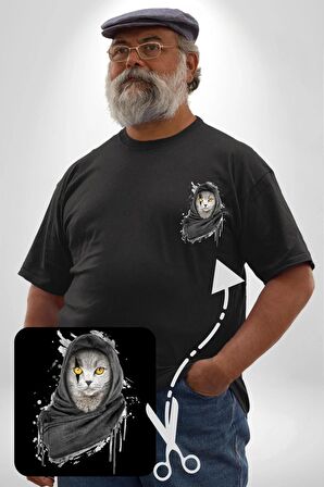 Safari Kedi Şal Eşarp Siyah Büyük Beden Kadın Basic Minimal Baskılı Tişört