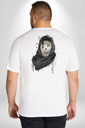 Safari Kedi Şal Eşarp Büyük Beden Beyaz Tişört Kadın Erkek Ünisex Sırt Baskılı
