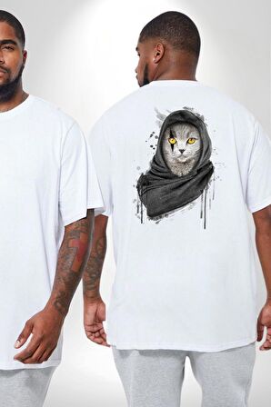 Safari Kedi Şal Eşarp Büyük Beden Beyaz Tişört Kadın Erkek Ünisex Sırt Baskılı