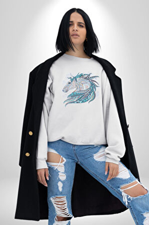 At Mandala Kafası Kadın Erkek  Beyaz Baskılı Sweatshirt 