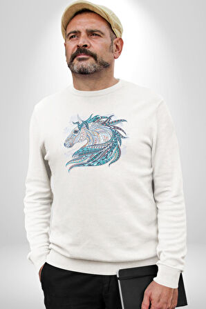 At Mandala Kafası Kadın Erkek  Beyaz Baskılı Sweatshirt 