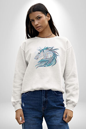 At Mandala Kafası Kadın Erkek  Beyaz Baskılı Sweatshirt 