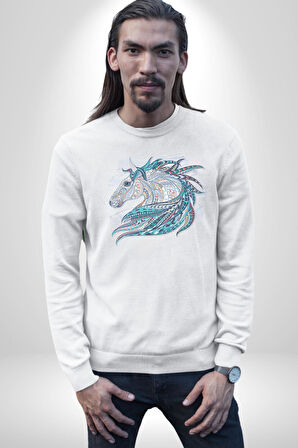 At Mandala Kafası Kadın Erkek  Beyaz Baskılı Sweatshirt 
