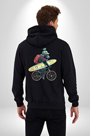 Komik Köpek Sörf Tahtası Bisiklet Kadın Erkek Siyah Renk Kapüşonlu Kanguru Cepli  Fermuarlı Pamuklu Oversize Dijital Baskılı Hırka Sweatshirt