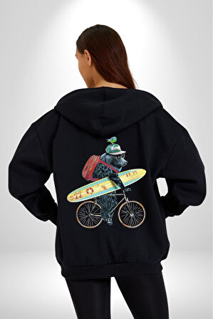 Komik Köpek Sörf Tahtası Bisiklet Kadın Erkek Siyah Renk Kapüşonlu Kanguru Cepli  Fermuarlı Pamuklu Oversize Dijital Baskılı Hırka Sweatshirt