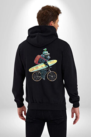 Komik Köpek Sörf Tahtası Bisiklet Kadın Erkek Siyah Renk Kapüşonlu Kanguru Cepli  Fermuarlı Pamuklu Oversize Dijital Baskılı Hırka Sweatshirt