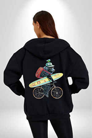 Komik Köpek Sörf Tahtası Bisiklet Kadın Erkek Siyah Renk Kapüşonlu Kanguru Cepli  Fermuarlı Pamuklu Oversize Dijital Baskılı Hırka Sweatshirt
