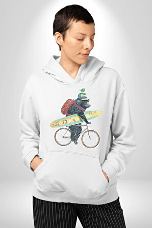 Komik Köpek Sörf Tahtası Bisiklet Kadın Erkek  Beyaz Kapüşonlu Sweatshirt Hoodie