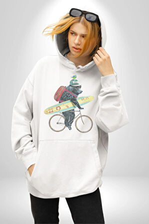 Komik Köpek Sörf Tahtası Bisiklet Kadın Erkek  Beyaz Kapüşonlu Sweatshirt Hoodie