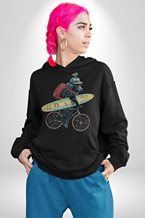 Komik Köpek Sörf Tahtası Bisiklet Kadın Erkek  Siyah Kapüşonlu Sweatshirt Hoodie