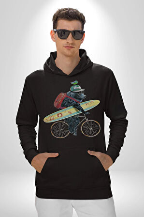 Komik Köpek Sörf Tahtası Bisiklet Kadın Erkek  Siyah Kapüşonlu Sweatshirt Hoodie