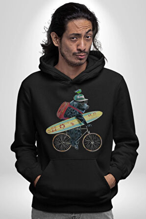 Komik Köpek Sörf Tahtası Bisiklet Kadın Erkek  Siyah Kapüşonlu Sweatshirt Hoodie