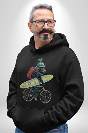 Komik Köpek Sörf Tahtası Bisiklet Kadın Erkek  Siyah Kapüşonlu Sweatshirt Hoodie