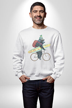 Komik Köpek Sörf Tahtası Bisiklet Kadın Erkek  Beyaz Baskılı Sweatshirt 