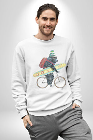 Komik Köpek Sörf Tahtası Bisiklet Kadın Erkek  Beyaz Baskılı Sweatshirt 
