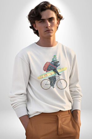 Komik Köpek Sörf Tahtası Bisiklet Kadın Erkek  Beyaz Baskılı Sweatshirt 