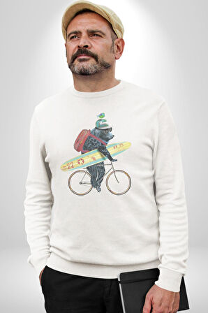 Komik Köpek Sörf Tahtası Bisiklet Kadın Erkek  Beyaz Baskılı Sweatshirt 