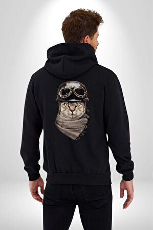 Kasket Bandana Motorcu Kedi Kadın Erkek Siyah Renk Kapüşonlu Kanguru Cepli  Fermuarlı Pamuklu Oversize Dijital Baskılı Hırka Sweatshirt