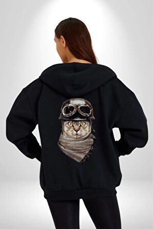 Kasket Bandana Motorcu Kedi Kadın Erkek Siyah Renk Kapüşonlu Kanguru Cepli  Fermuarlı Pamuklu Oversize Dijital Baskılı Hırka Sweatshirt