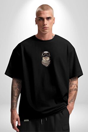 Kasket Bandana Motorcu Kedi Siyah Oversize Kadın Erkek Ön Orta Minimal Baskılı Tişört