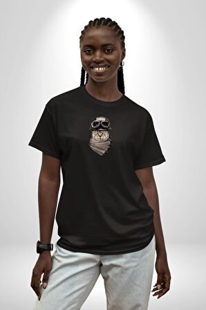 Kasket Bandana Motorcu Kedi Siyah Oversize Kadın Erkek Ön Orta Minimal Baskılı Tişört