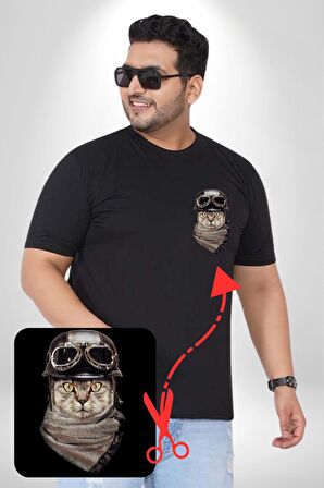 Kasket Bandana Motorcu Kedi Siyah Büyük Beden Kadın Basic Minimal Baskılı Tişört
