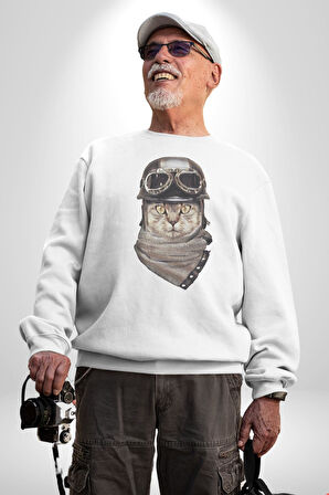 Kasket Bandana Motorcu Kedi Kadın Erkek  Beyaz Baskılı Sweatshirt 