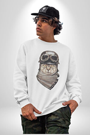 Kasket Bandana Motorcu Kedi Kadın Erkek  Beyaz Baskılı Sweatshirt 