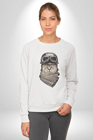 Kasket Bandana Motorcu Kedi Kadın Erkek  Beyaz Baskılı Sweatshirt 