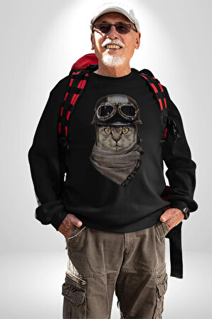 Kasket Bandana Motorcu Kedi Kadın Erkek  Siyah Baskılı Sweatshirt 