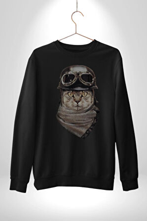 Kasket Bandana Motorcu Kedi Kadın Erkek  Siyah Baskılı Sweatshirt 