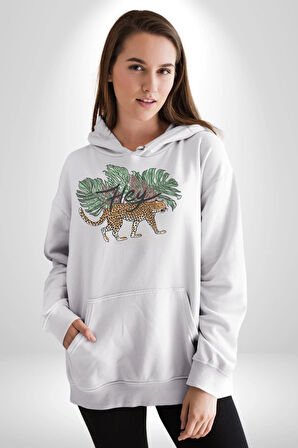 Zara Afrika Leoparı Tropik Yapraklar Kadın Erkek  Beyaz Kapüşonlu Sweatshirt Hoodie